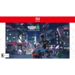 Nighttime city street scene with Pokémon and trainers, neon lights, and a large Poké logo above—Nintendo Switch edition art.