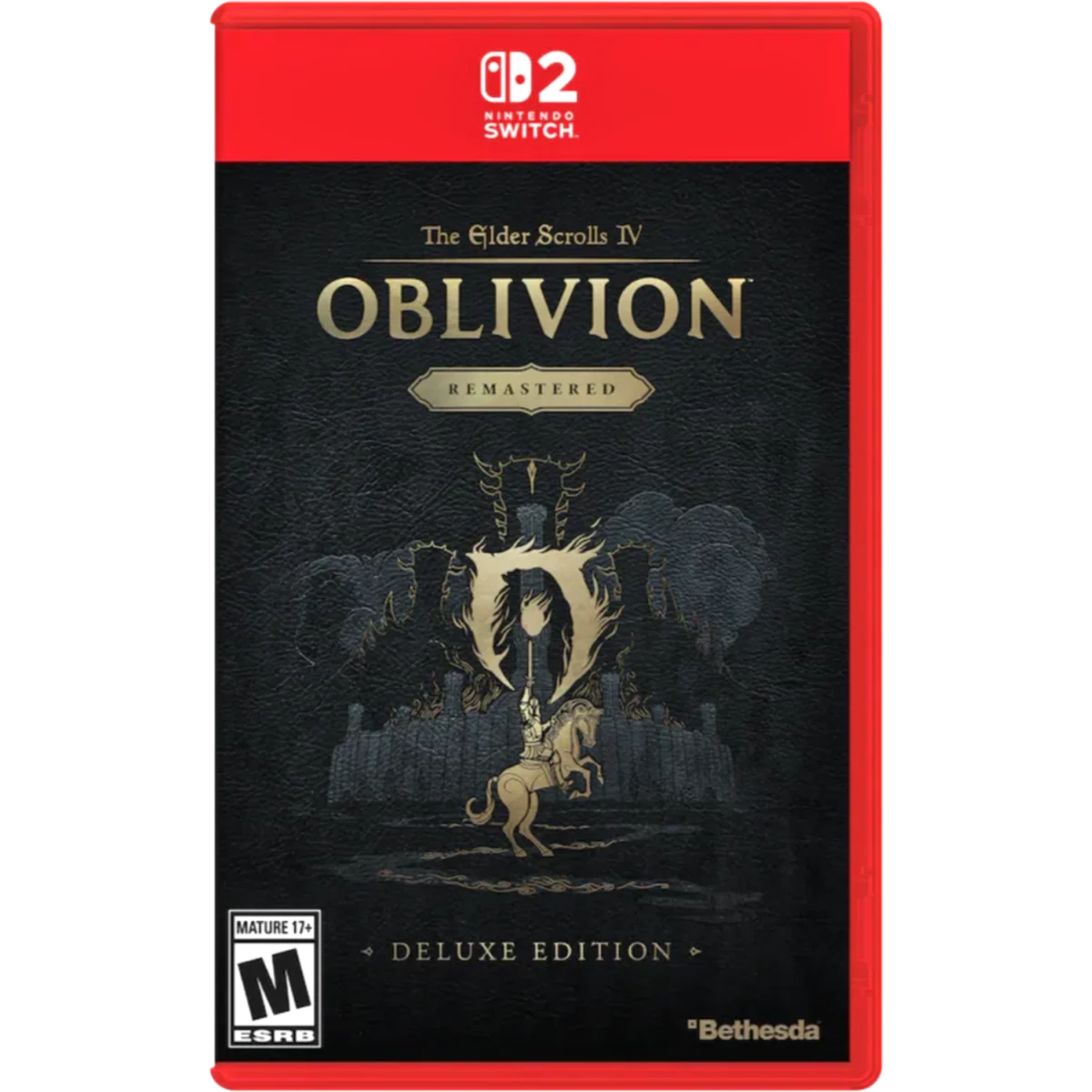 Nintendo Switch cover for The Elder Scrolls IV: Oblivion Remastered Deluxe Edition, featuring a red case, black textured cover with gold title and emblem, mature 17+ rating, and Bethesda logo