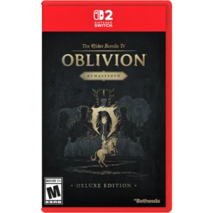 ELDER-SCROLLS-IV-OBLIVION-DE-SW2-001-196388816842 - Video Game Depot Nintendo Switch cover for The Elder Scrolls IV: Oblivion Remastered Deluxe Edition, featuring a red case, black textured cover with gold title and emblem, mature 17+ rating, and Bethesda logo
