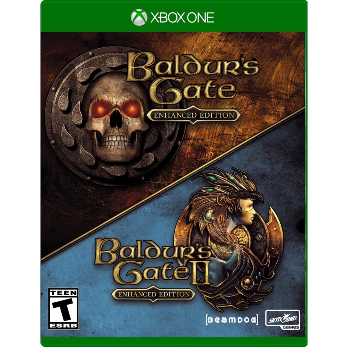 Xbox One game cover for Baldur's Gate: Enhanced Edition featuring a skull emblem on a metallic shield and fantasy artwork in dark tones at the top of the image