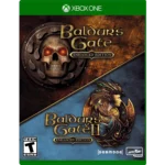 Xbox One game cover for Baldur's Gate: Enhanced Edition featuring a skull emblem on a metallic shield and fantasy artwork in dark tones at the top of the image