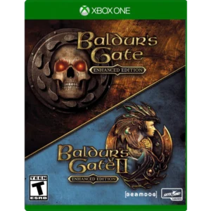 Xbox One game cover for Baldur's Gate: Enhanced Edition featuring a skull emblem on a metallic shield and fantasy artwork in dark tones at the top of the image