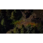 Nighttime outdoor scene on a hillside with trees and a wooden fence; several people cluster near glowing green rings on the ground as night lighting casts shadows.