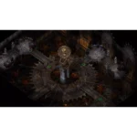 Dark, cavernous scene with large circular, ornate metallic machinery and stair-like structures; tiny green-highlighted game characters standing on platforms.