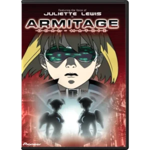 Movie poster for Armitage: Dual-Matrix featuring Juliet Lewis; foreground shows a girl with glowing futuristic sunglasses against a red cityscape backdrop.