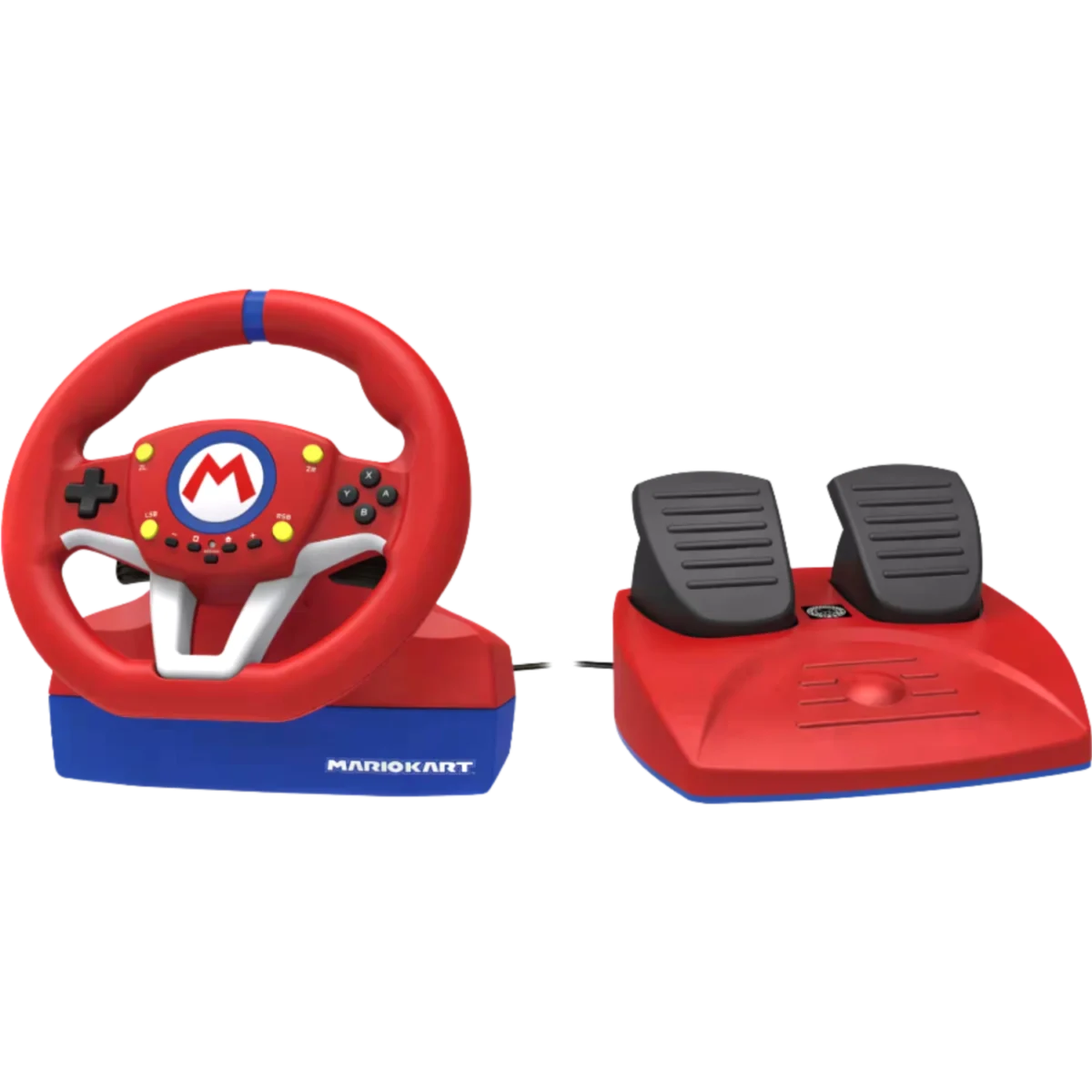Red and blue Mario Kart kids' steering wheel with integrated pedals and logo on the base.
