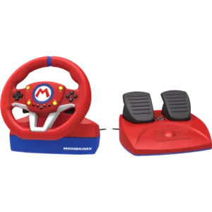 Red and blue Mario Kart kids' steering wheel with integrated pedals and logo on the base.