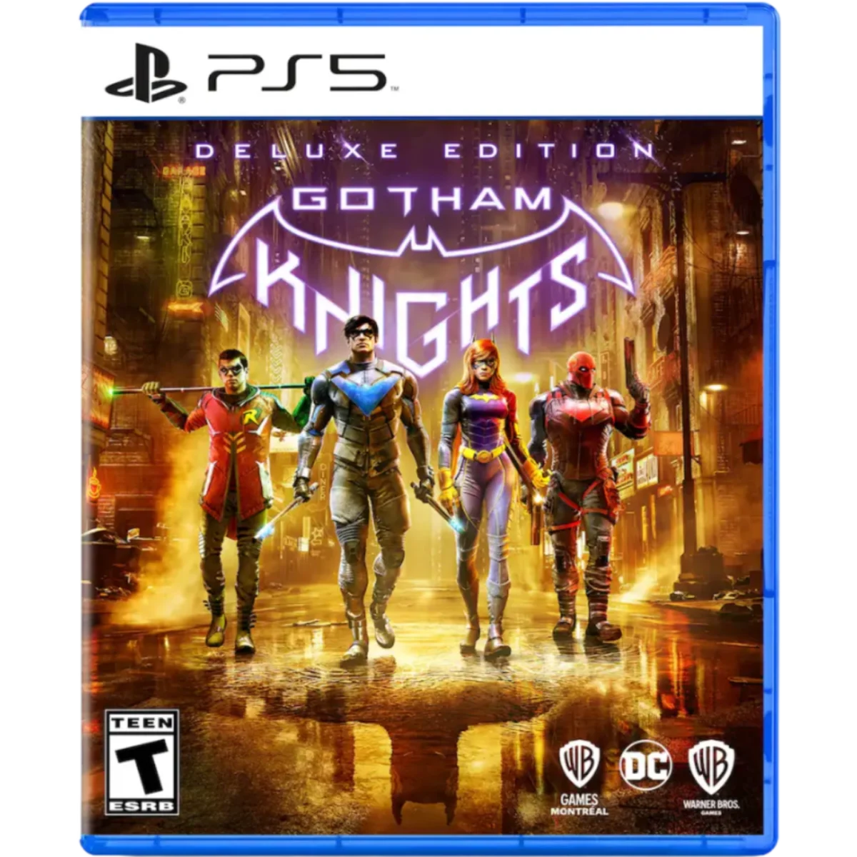PS5 game cover for Gotham Knights Deluxe Edition featuring four heroes in a neon-lit city backdrop and Batman-like emblem above them.