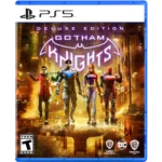GOTHAM-KNIGHTS-DELUXE-EDITION-PS5-001-883929796625 - Video Game Depot PS5 game cover for Gotham Knights Deluxe Edition featuring four heroes in a neon-lit city backdrop and Batman-like emblem above them.