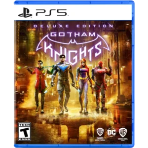 GOTHAM-KNIGHTS-DELUXE-EDITION-PS5-001-883929796625 - Video Game Depot PS5 game cover for Gotham Knights Deluxe Edition featuring four heroes in a neon-lit city backdrop and Batman-like emblem above them.