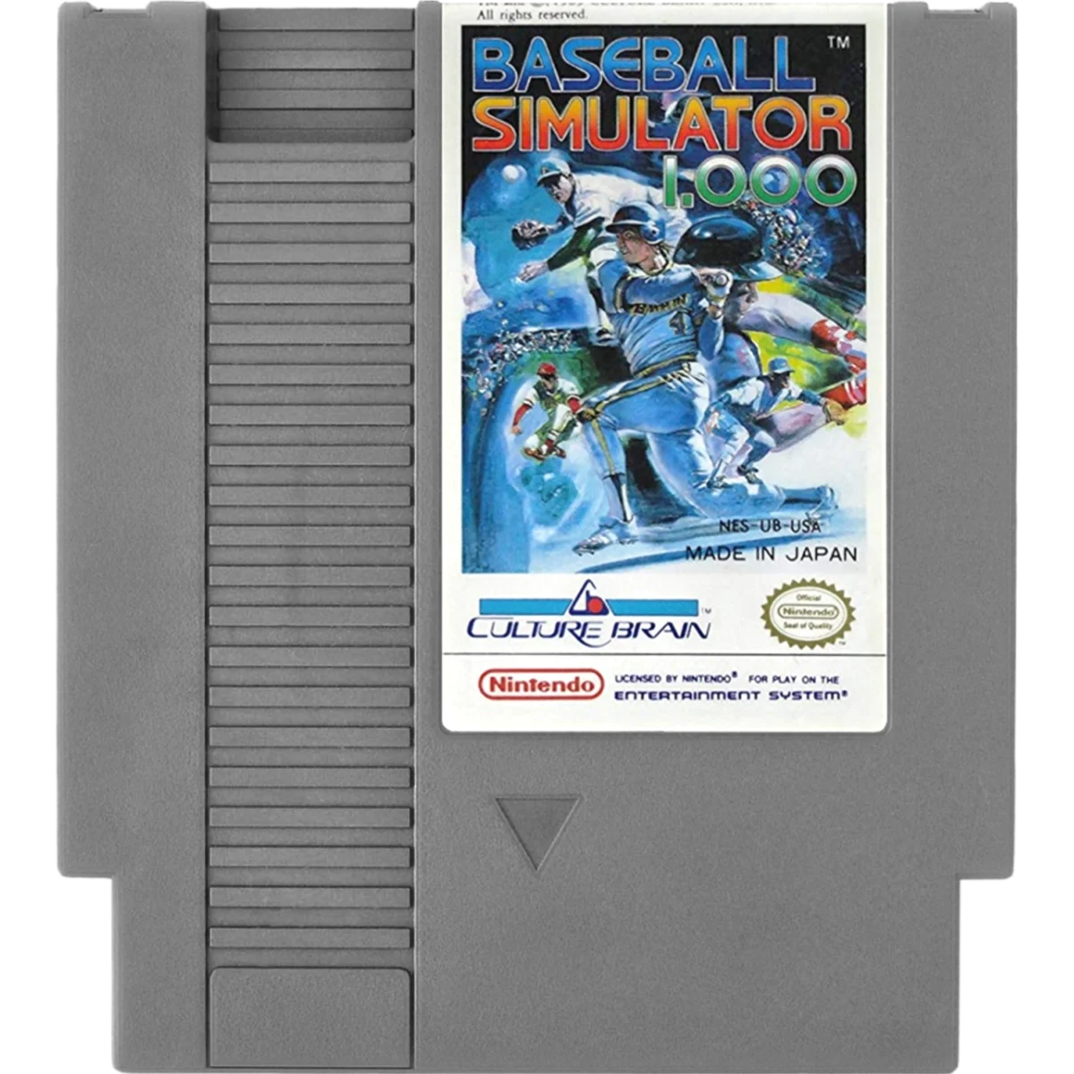 Gray NES cartridge with a colorful label showing baseball players in action, titled 'BASEBALL SIMULATOR 1.00' with Culture Brain and Nintendo logos.