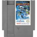 BASEBALL-SIMULATOR-1000-NES-004-047743890031 - Video Game Depot Gray NES cartridge with a colorful label showing baseball players in action, titled 'BASEBALL SIMULATOR 1.00' with Culture Brain and Nintendo logos.