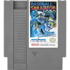 BASEBALL-SIMULATOR-1000-NES-004-047743890031 - Video Game Depot Gray NES cartridge with a colorful label showing baseball players in action, titled 'BASEBALL SIMULATOR 1.00' with Culture Brain and Nintendo logos.