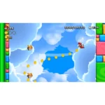 Mario runs through a cloud-filled sky collecting coins, jumping along a curved line of coins with colorful block walls on the sides.