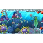 Mario swims underwater collecting coins amid a bright coral reef and spiky sea enemies.