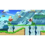 Side-scrolling platform game scene: a small character jumps between two piranha plants with a row of coins along a slope.