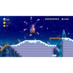 Princess Peach standing on a brick block in a starry winter Mario platformer scene.