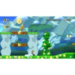 Luigi on a brick platform in a bright Mario-style level with coins and a question block nearby, lush background.
