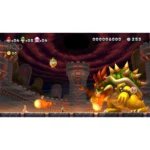 Screen from a Mario game showing Mario, Luigi, and Peach facing Bowser in a lava-filled castle during a boss battle.