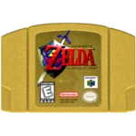 Nintendo 64 cartridge for The Legend of Zelda: Ocarina of Time with a gold label and sword graphic.