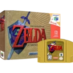 The Legend of Zelda: Ocarina of Time N64 game box with gold cartridge in front, featuring the Zelda logo and sword emblem