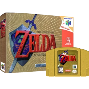 The Legend of Zelda: Ocarina of Time N64 game box with gold cartridge in front, featuring the Zelda logo and sword emblem