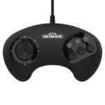 Black Sega Genesis wired game controller with a large D-pad on the left and a six-button layout on the right, logo centered above controls.