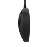 Side view of a black wired computer mouse with thumb buttons on the left side.
