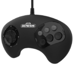 Wired Sega Genesis game controller with a D-pad on the left and six action buttons on the right, black and curved ergonomic grip design