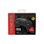 Boxed Sega Genesis Big6 Control Pad for Genesis and Sega CD; black gamepad image on front with red and black packaging design (retro-bit)