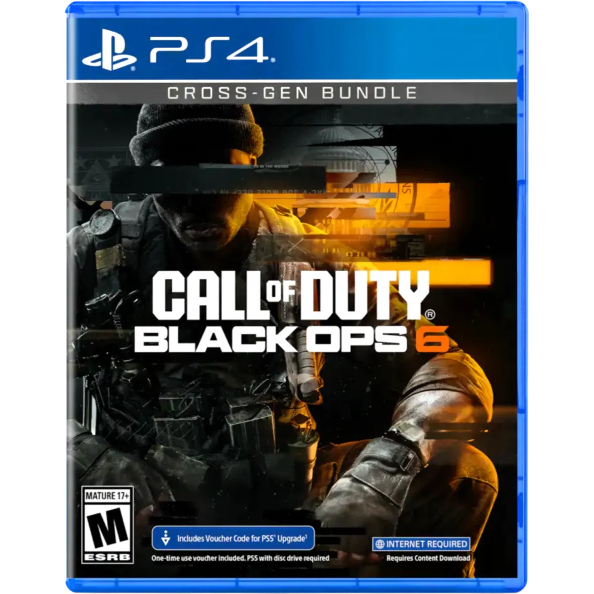 PlayStation 4 game case for Call of Duty: Black Ops 6 Cross-Gen Bundle, featuring a soldier in tactical gear and blue PS4 branding.