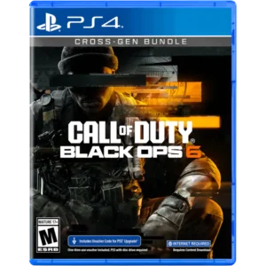 PlayStation 4 game case for Call of Duty: Black Ops 6 Cross-Gen Bundle, featuring a soldier in tactical gear and blue PS4 branding.