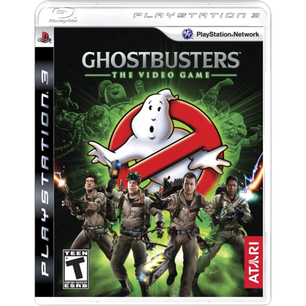 Ghostbusters: The Video Game cover art for PlayStation 3 with the Ghostbusters logo and a team of ghostbusters in front of a green background.