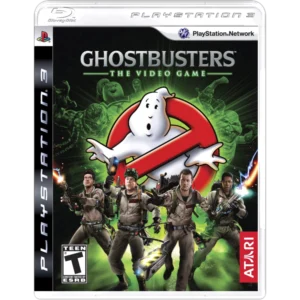 Ghostbusters: The Video Game cover art for PlayStation 3 with the Ghostbusters logo and a team of ghostbusters in front of a green background.