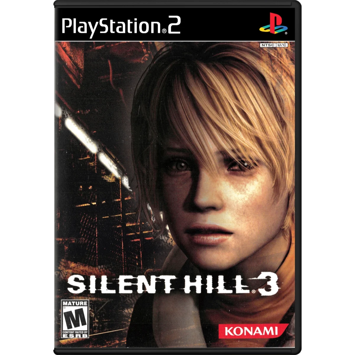 Silent Hill 3 game cover featuring a close-up of a blonde-haired woman against a dark, gritty background with the Konami logo at the bottom right.