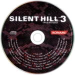 SILENT-HILL-3-PS2-005-083717200529 - Video Game Depot CD cover for Silent Hill 3 Official Soundtrack featuring a maroon-black textured surface, white title text, and Konami logo; track names printed around the edge.