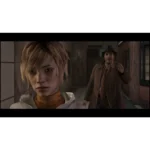 SILENT-HILL-3-SCREENSHOT-002 - Video Game Depot Young woman with blonde hair and an orange scarf stands in a dim alley, while a man in a brown coat and hat approaches from behind with a wary expression.