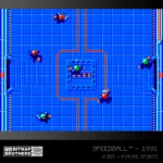 BITMAPBROTHERS_COLLECTION1_1500x15003_7474b011-f05b-4044-be16-48f8b007a3a8 - Video Game Depot Top-down view of a Speedball 1991 arena: blue grid field with red piping lines, players in blue/orange around a central platform with a ball present.
