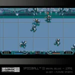 BITMAPBROTHERS_COLLECTION1_1500x15005_1d26855e-2e73-4c36-a189-3dcb06967460 - Video Game Depot Screenshot from Speedball II: Brutal Deluxe (1991): futuristic arena with blue-armored players on a tiled playing field, decorative border at top and bottom.