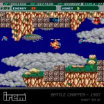 Blaze_EvercadeIREMBattleChopperRGB - Video Game Depot Retro 1987 Irem game Battle Chopper: side-scrolling helicopter shooter with orange helicopter amid rocky canyon terrain and enemy craft nearby.
