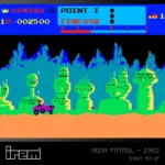 Blaze_EvercadeIREMMoonPatrolRGB - Video Game Depot Retro Moon Patrol screenshot: blue status HUD at top, purple rover on orange desert, lone futuristic green towers and jagged mountains below.