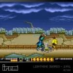 Blaze_EvercadeIREMRetailRGB9 - Video Game Depot Pixel art from a retro arcade game showing two martial artists fighting in a ruined courtyard, with a dark blue sky and arena-style background.