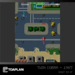 Blaze_RetailAssetsTOAPLAN9 - Video Game Depot Retro arcade vertical shooter screenshot: blue helicopter fights ground tanks on a city street with an 'Insert Coin' banner at the top.