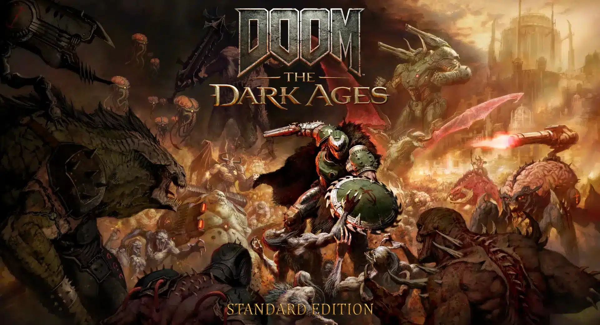 The Slayer standing on a mountain of demon corpses as lava flows in the background. 