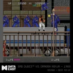 DataEast_ARCADE1_1500x15004_be418adb-75b1-42b3-a49e-eda4a4ee72d6 - Video Game Depot Arcade beat 'em up scene: hero fights multiple blue ninjas on a city street with life meters at bottom corners.