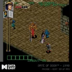 DataEast_ARCADE1_1500x15005_20433a38-8d65-4174-a90a-7c78b814626c - Video Game Depot Isometric arcade dungeon scene from Gate of Doom (1990): a large armored boss stands among four heroes; heads‑up display shows hearts, score, and start prompt.