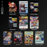 DataEast_ARCADE1_1500x15006_bedc264f-733c-4fae-aa38-9b9baef4ecd1 - Video Game Depot Catalog page showing twelve Data East arcade game covers arranged in a grid: BurgerTime, Bad Dudes vs. DragonNinja, Gate of Doom, Wizard Fire, Breakthru, Tumblepop, Darwin 4078, Sly Spy, Chain Reaction, and Lock 'N' Chase.