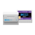 EVE-DAT1-RTAIL7 - Video Game Depot White Data East arcade cartridge with blue logo and 'Arcade 1' text next to a purple Evercade label (front view)