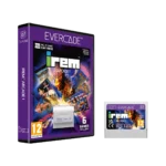 EVE-IRE-RTAIL - Video Game Depot Purple Evercade game box with bold 'EVERCADE' logo and collage of arcade art, plus a small gray cartridge labeled '6 GAMES INCLUDED' and the cartridge image beside it.