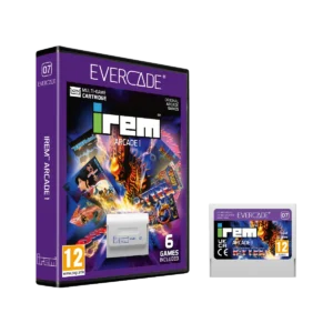 EVE-IRE-RTAIL - Video Game Depot Purple Evercade game box with bold 'EVERCADE' logo and collage of arcade art, plus a small gray cartridge labeled '6 GAMES INCLUDED' and the cartridge image beside it.